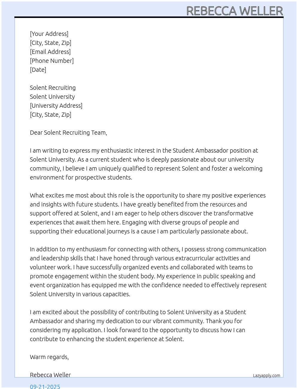 Student Ambassador At Solent University Cover Letter