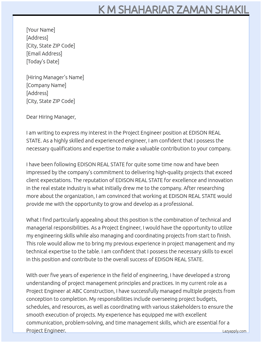 Project Engineer At EDISON REAL STATE Cover Letter