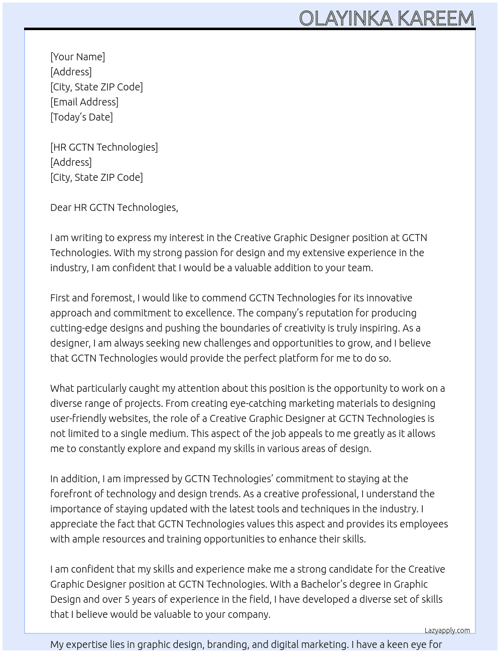Creative Graphic Designer  At GCTN Technologies Cover Letter