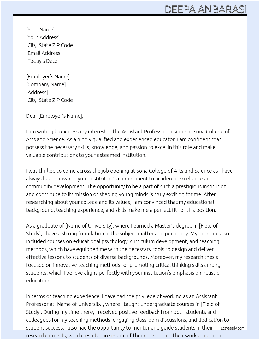 Assistant professor At college Cover Letter