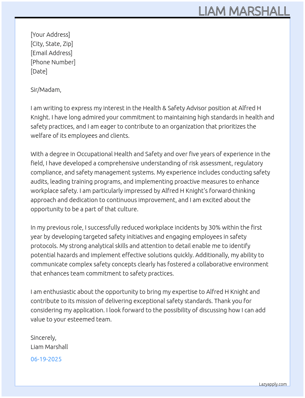 Health & Safety Advisor At Alfred H Knight Cover Letter