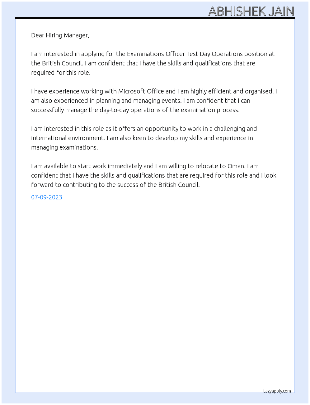 Examinations Officer Test Day Operations At British Council Cover Letter