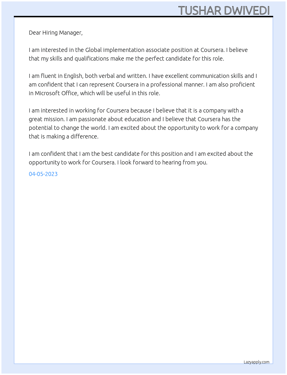 Global implementation associate  At Coursera  Cover Letter