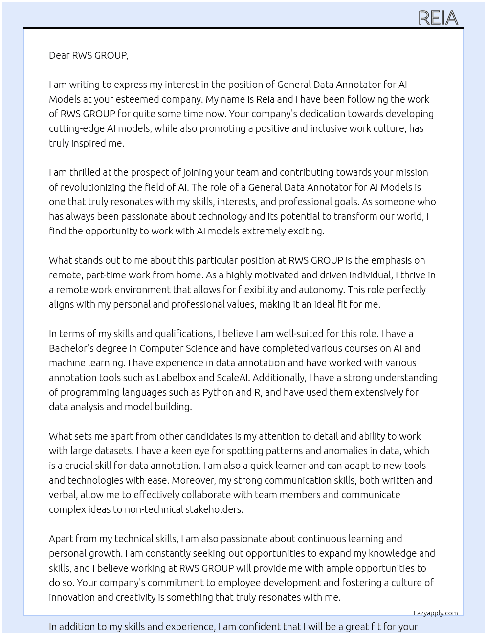 General Data Annotator for AI Models – US Only – English – Remote, Part Time, Work from Home At RWS GROUP Cover Letter