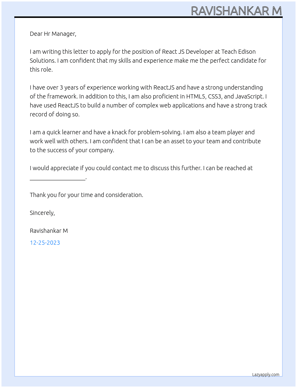 React JS Developer  At Teach Edison Solutions  Cover Letter