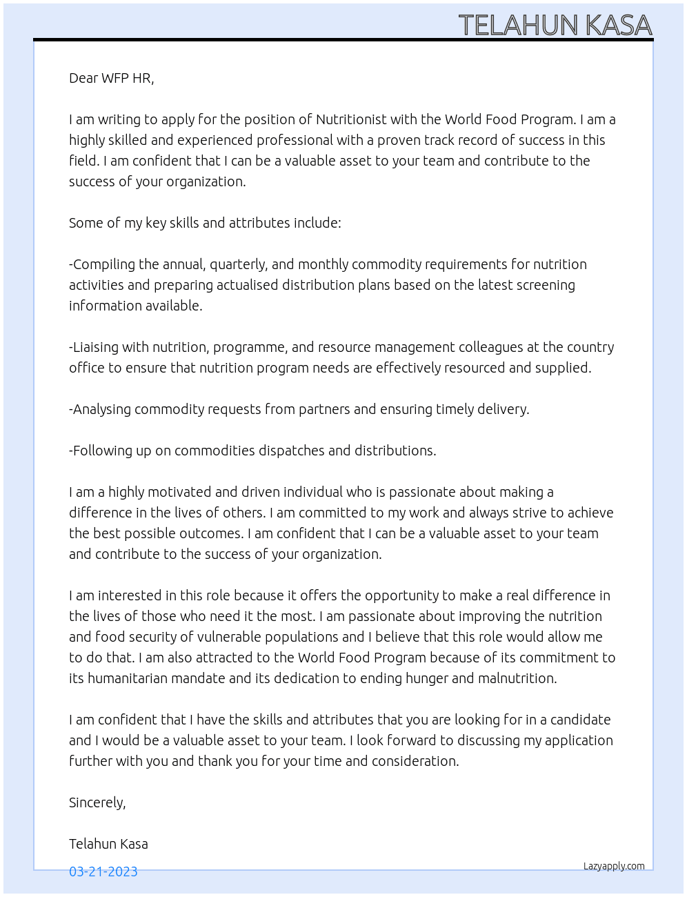 Nutritionist  At World Food Program  Cover Letter