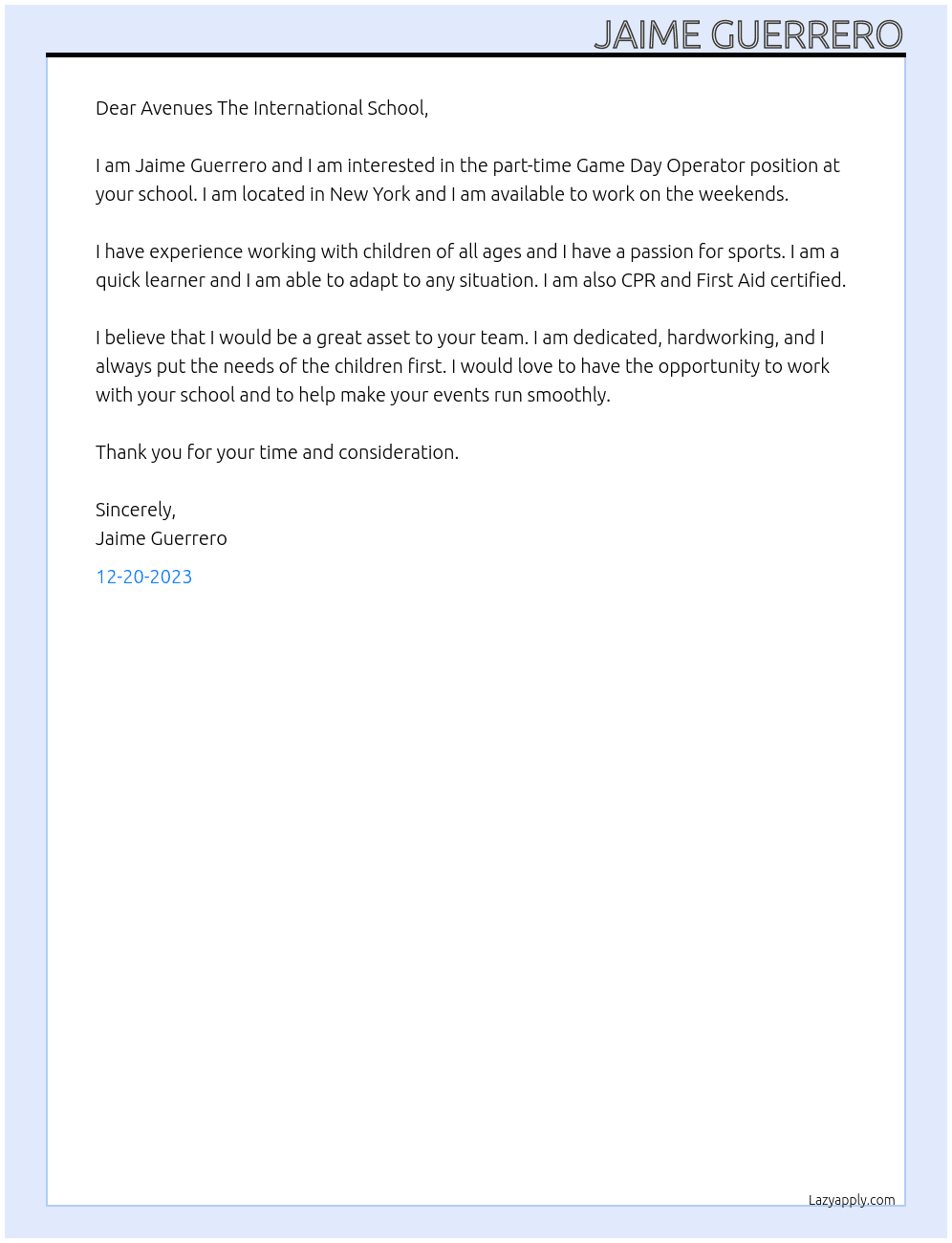 Game Day Operator At Avenues The International School Cover Letter