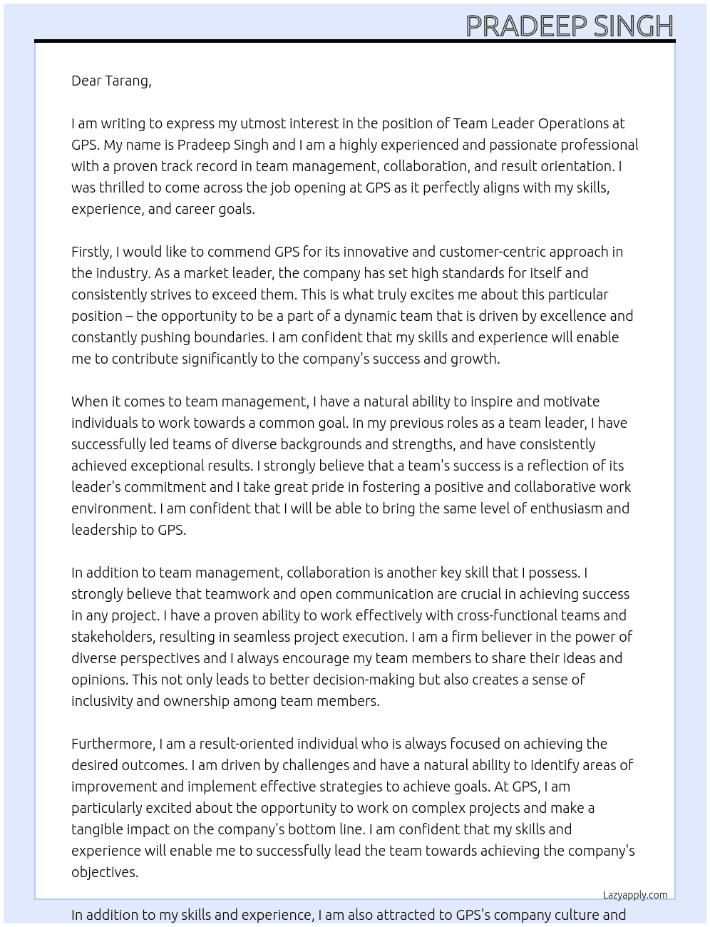 Cover letter for team leader operations - LazyApply