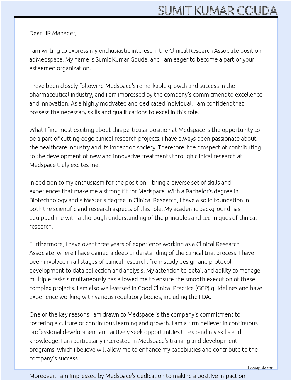 Clinical Research Associate At Medspace Cover Letter