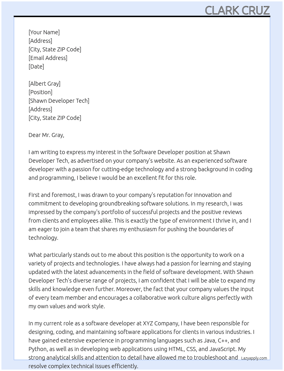 Software developer At Shawn Developer Tech Cover Letter