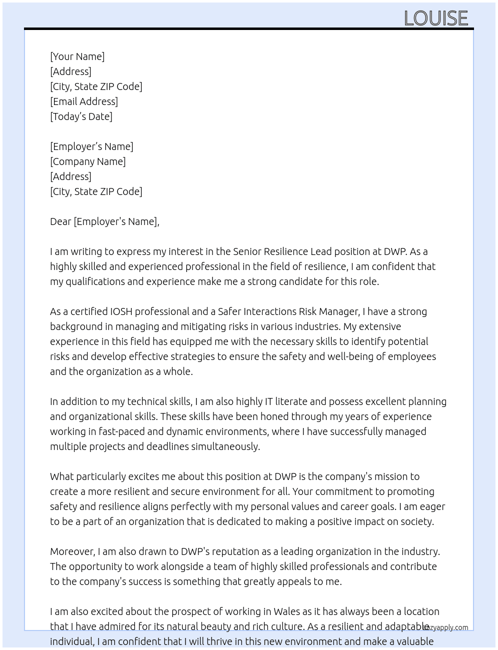 Senior resilience lead  At DWP Cover Letter