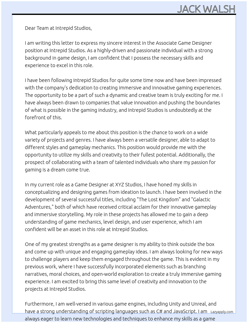 Associate Game Designer At Intrepid Studios Cover Letter