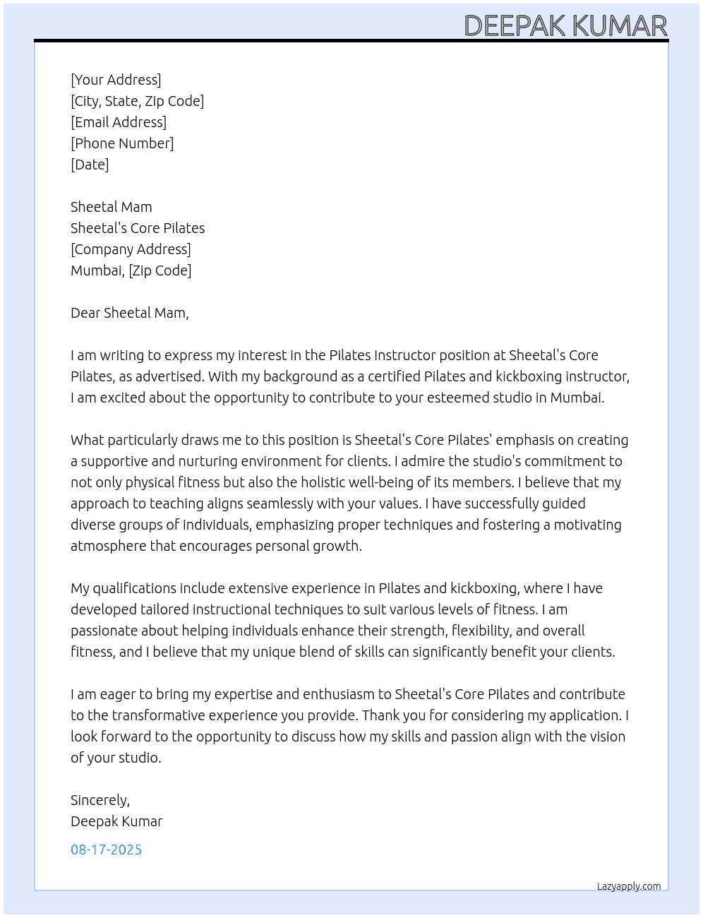 Pilates instructor At Sheetals core pilates Cover Letter