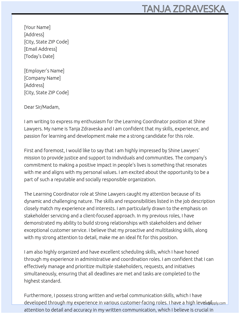 Learning Coordinator At Shine Lawyers Cover Letter