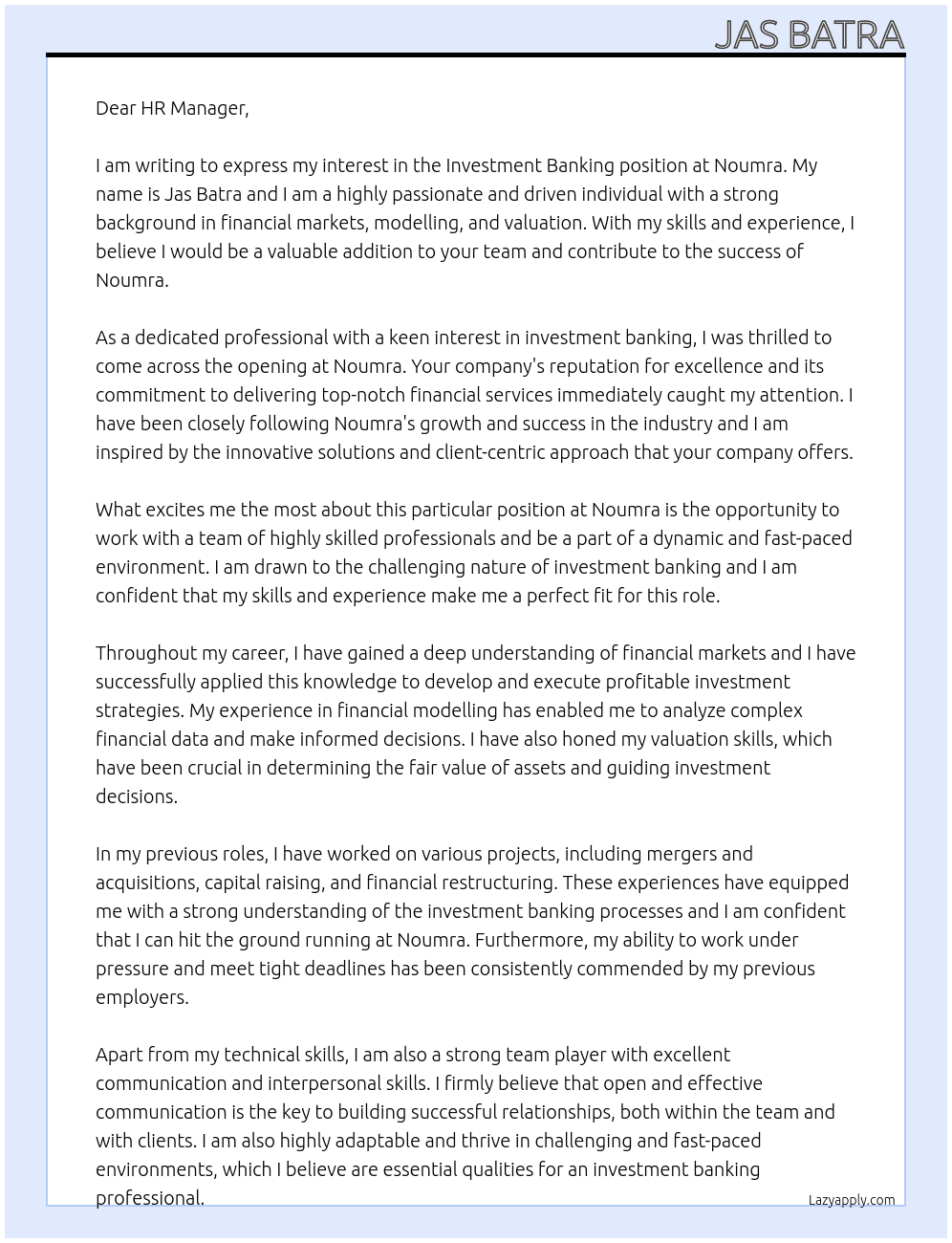 Investment Banking  At Noumra Cover Letter