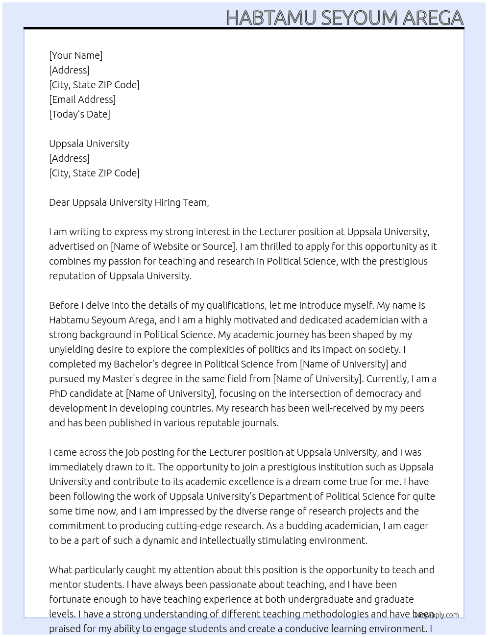 Lecturer At PhD positions in Political Science Cover Letter