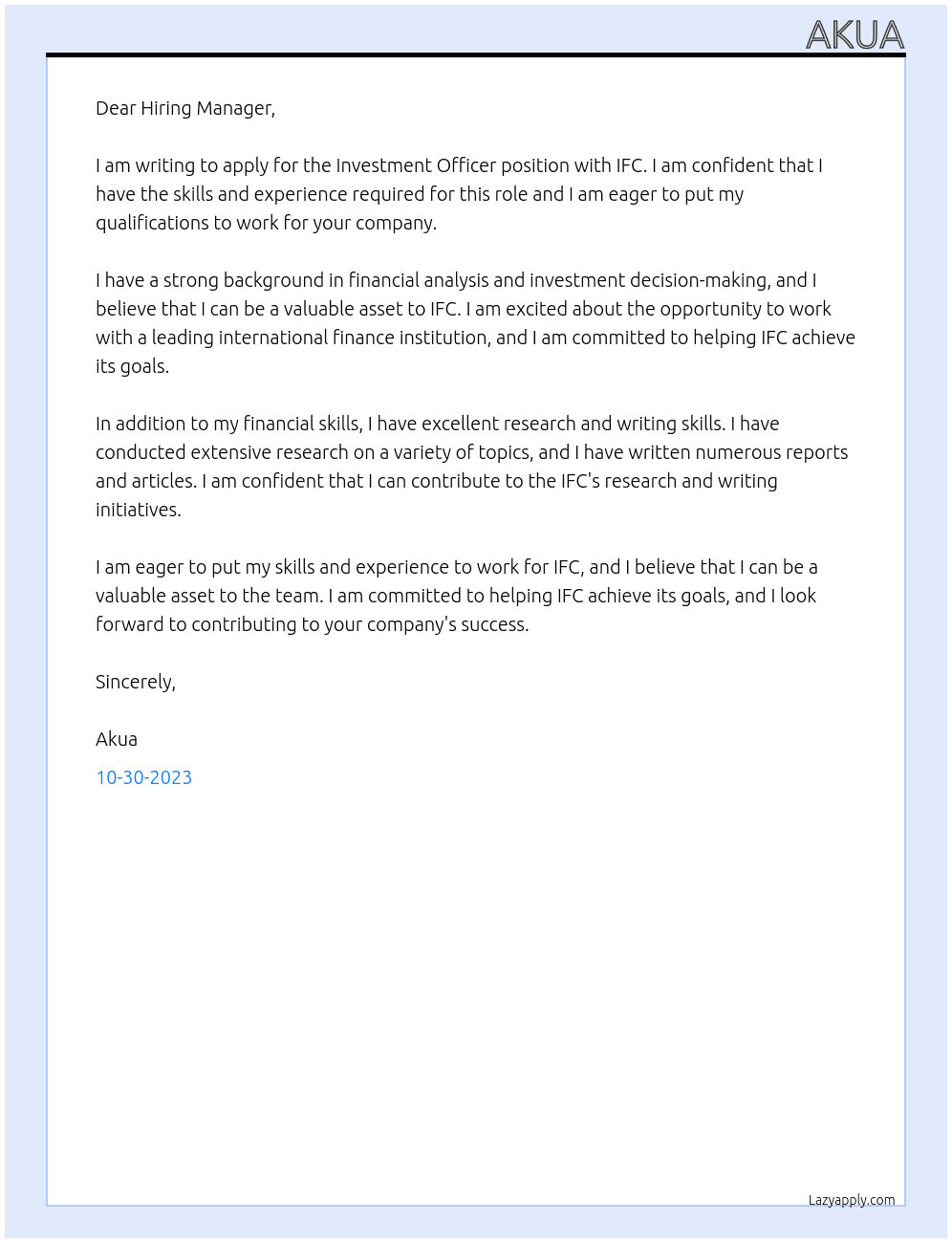 Investment Officer At IFC Cover Letter