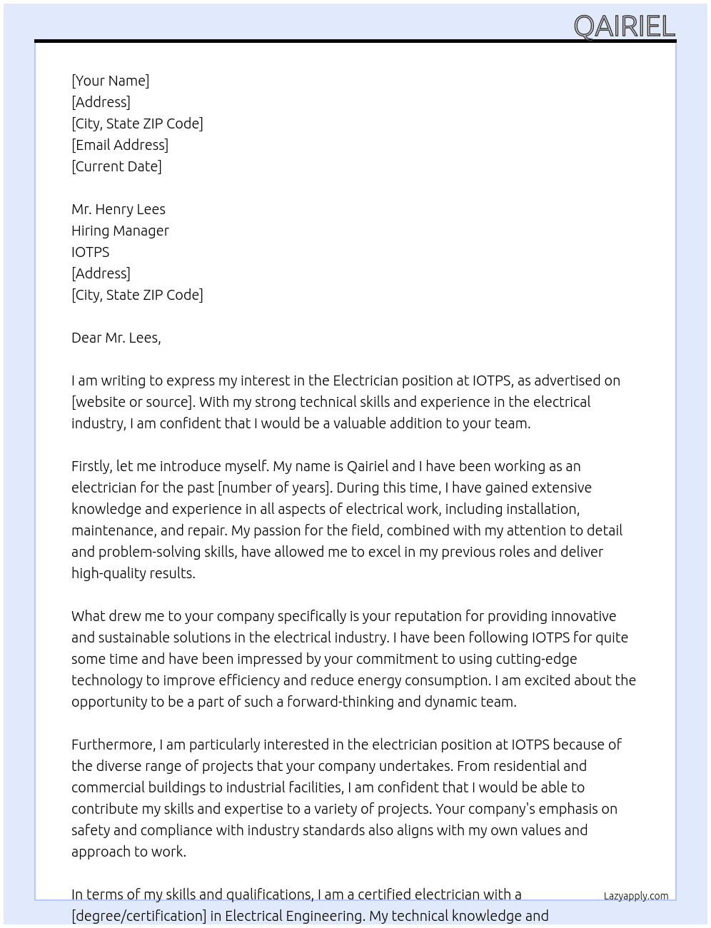 electrician At IOTPS Cover Letter