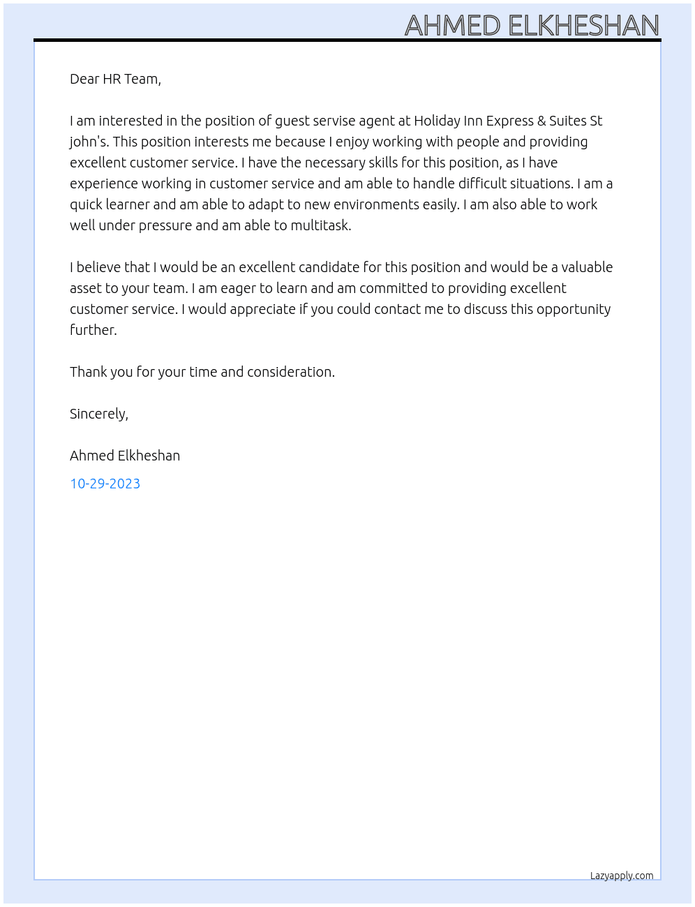 guest servise agent  At Holiday Inn Express & Suites St john's  Cover Letter