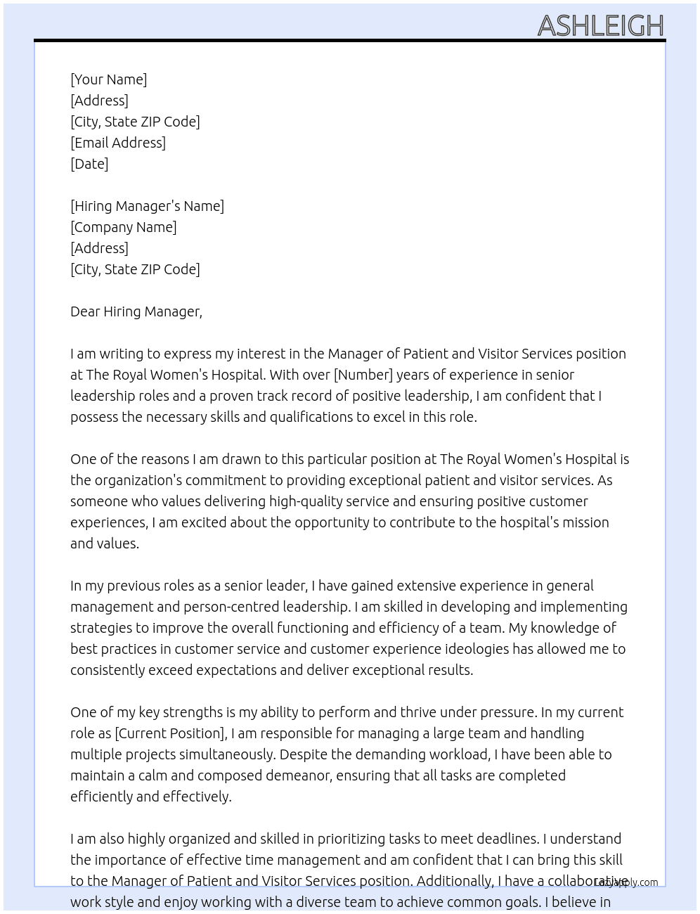 Manager Patient and Visitor Services At The Royal Women's Hospital Cover Letter