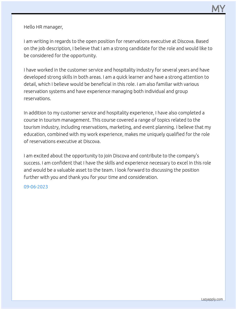 Reservations executive  At Discova Cover Letter
