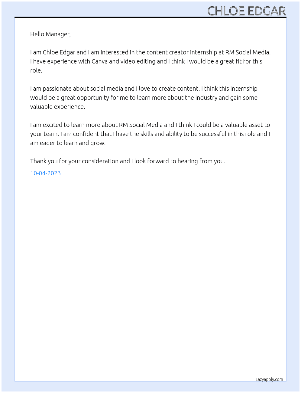 Content creator internship At RM Social Media Cover Letter