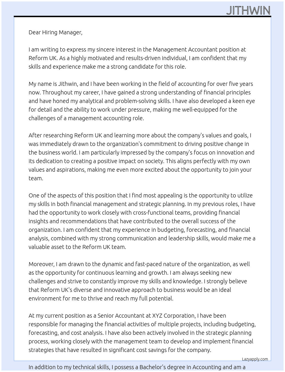 Management Accountamt  At Reform UK Cover Letter