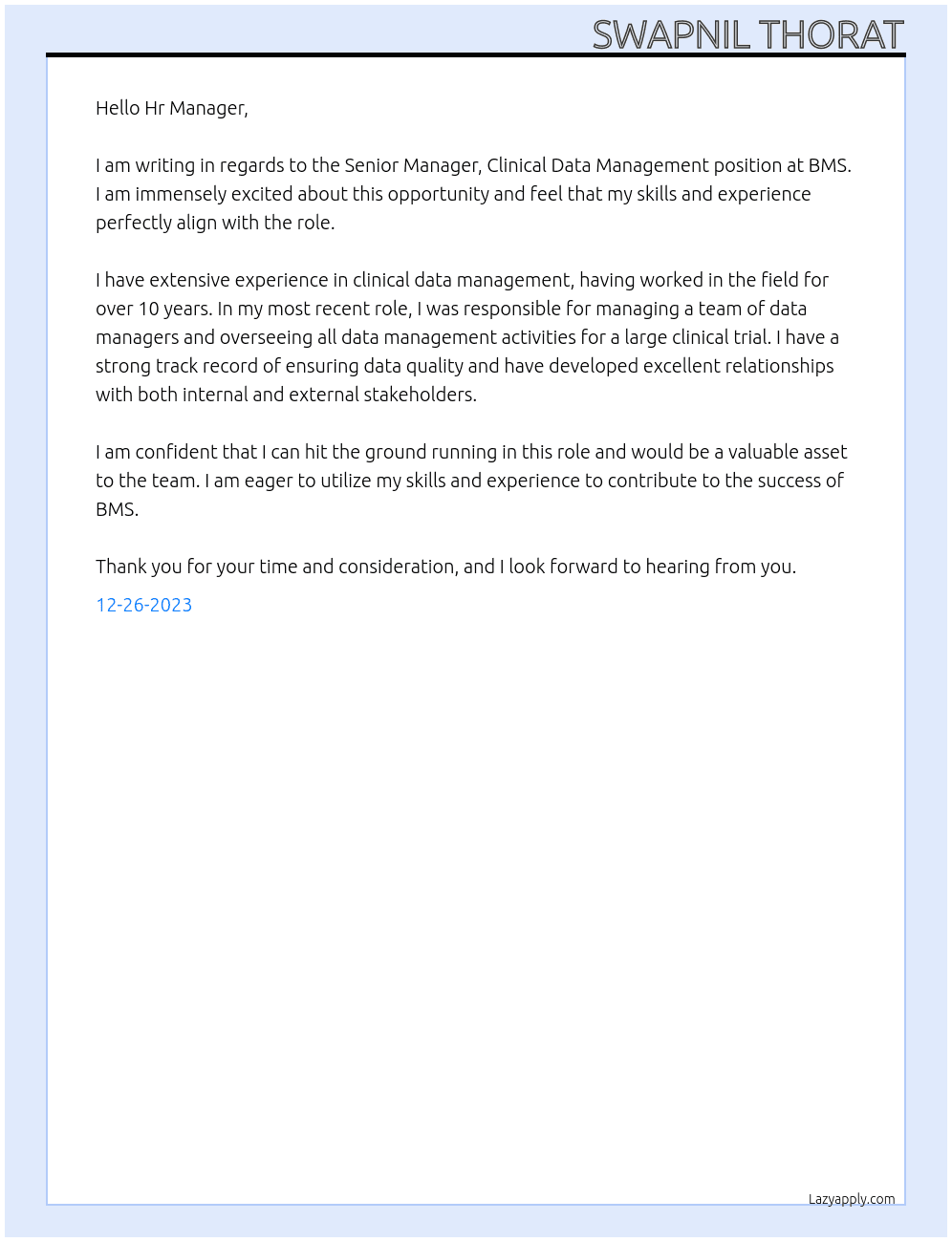 Senior Manager, Clinical Data Management  At BMS Cover Letter