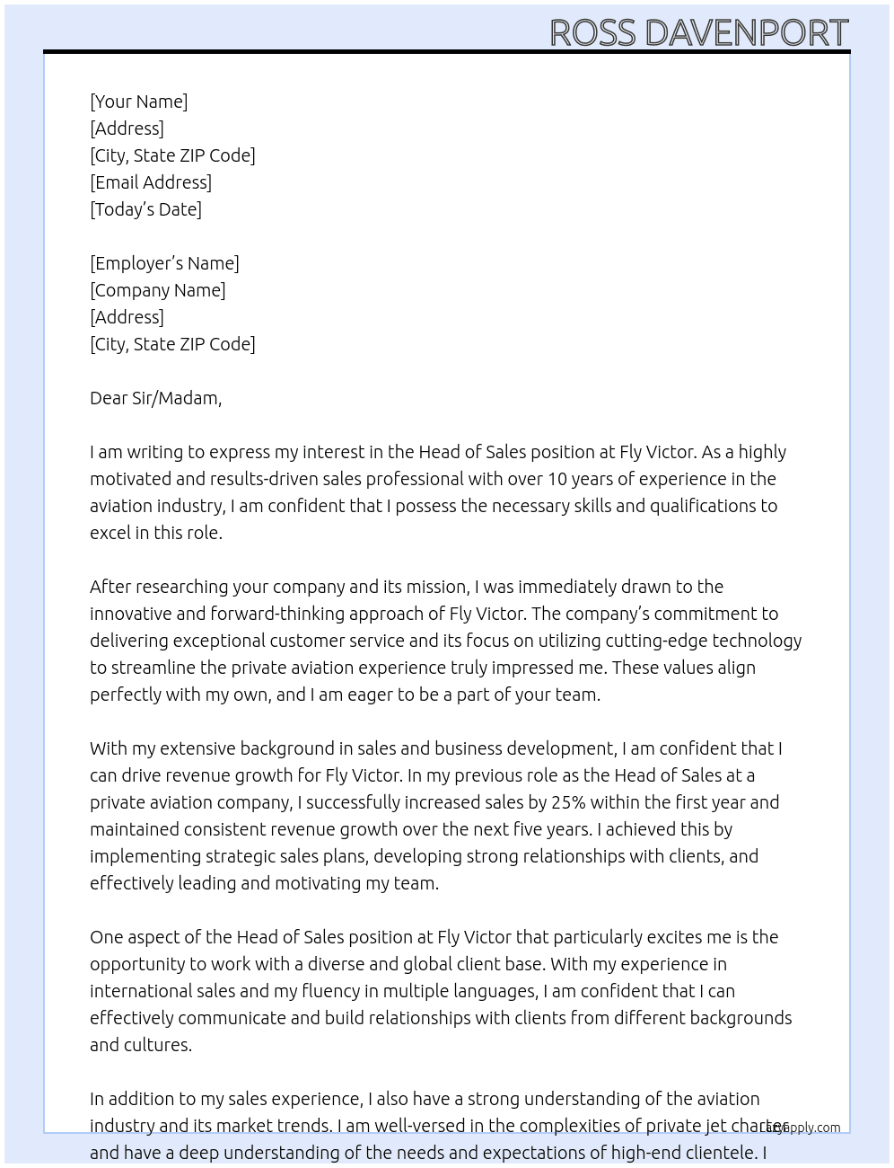 Head of sales At Fly Victor Cover Letter