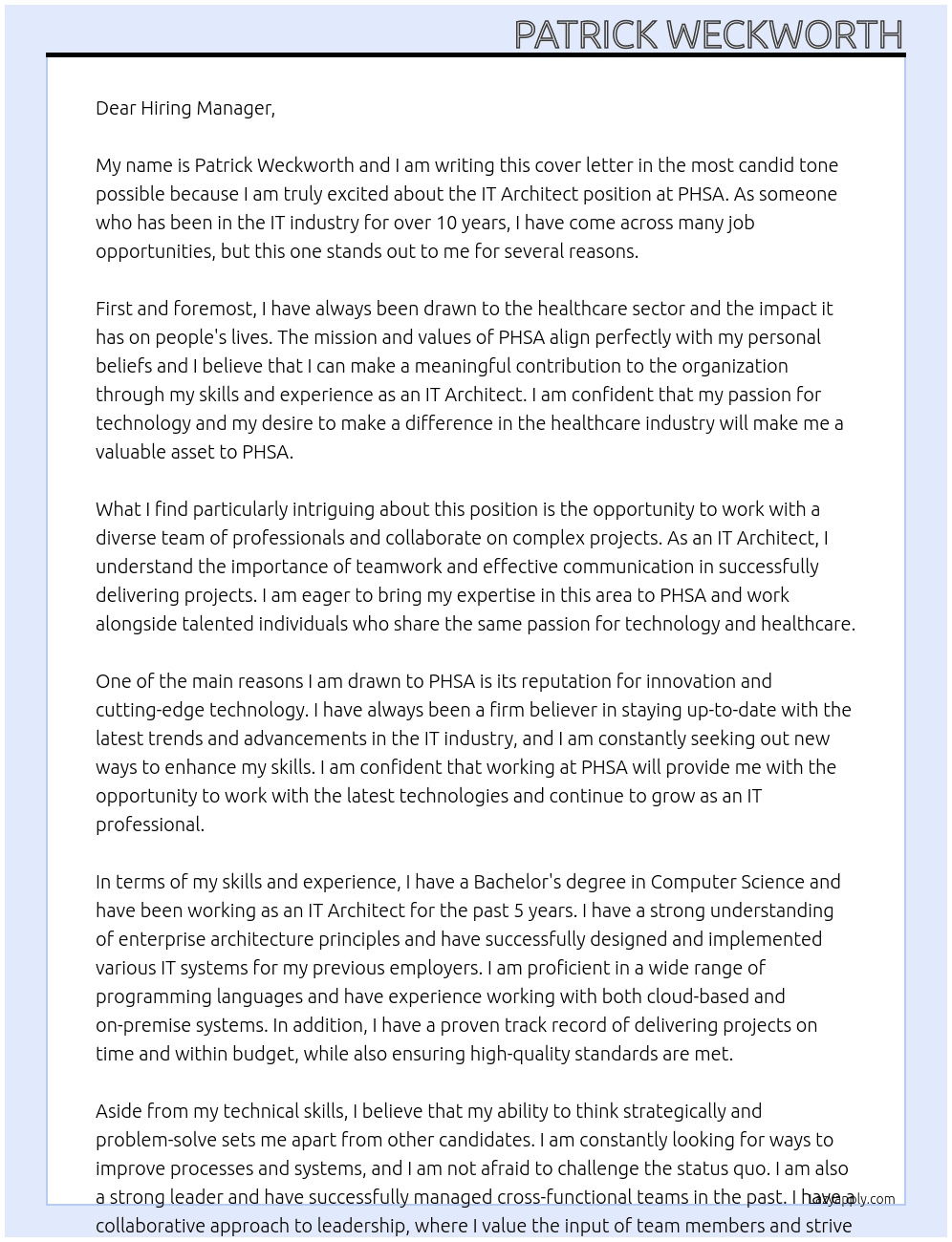 IT Architect At PHSA Cover Letter