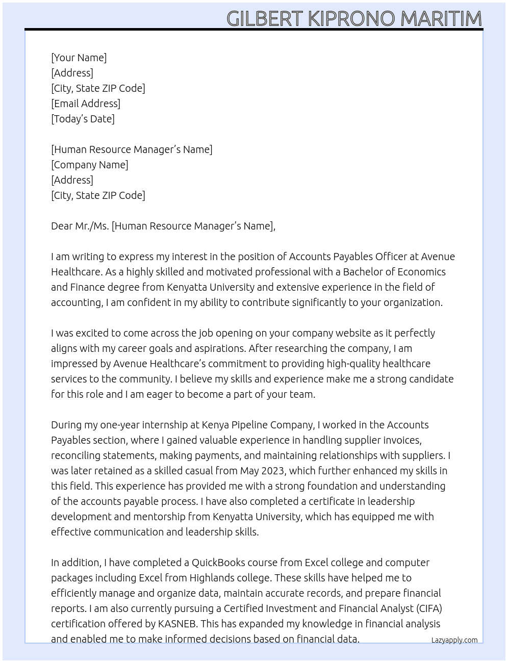 Accounts Payables Officer At AVENUE HEALTHCARE Cover Letter