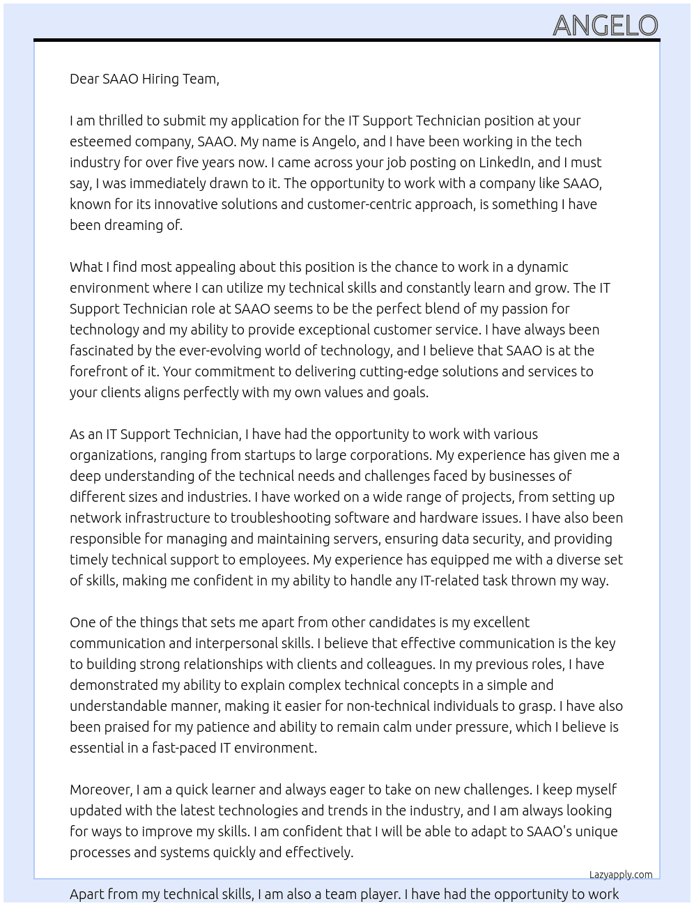 IT Support Technician At SAAO Cover Letter