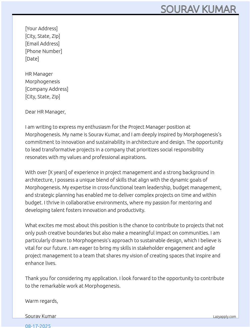 Project Manager  At Morphogenesis Cover Letter