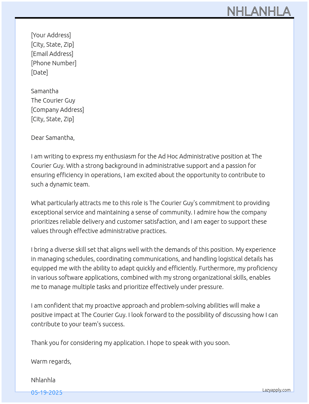 Ad hoc administrative  At The courier guy  Cover Letter