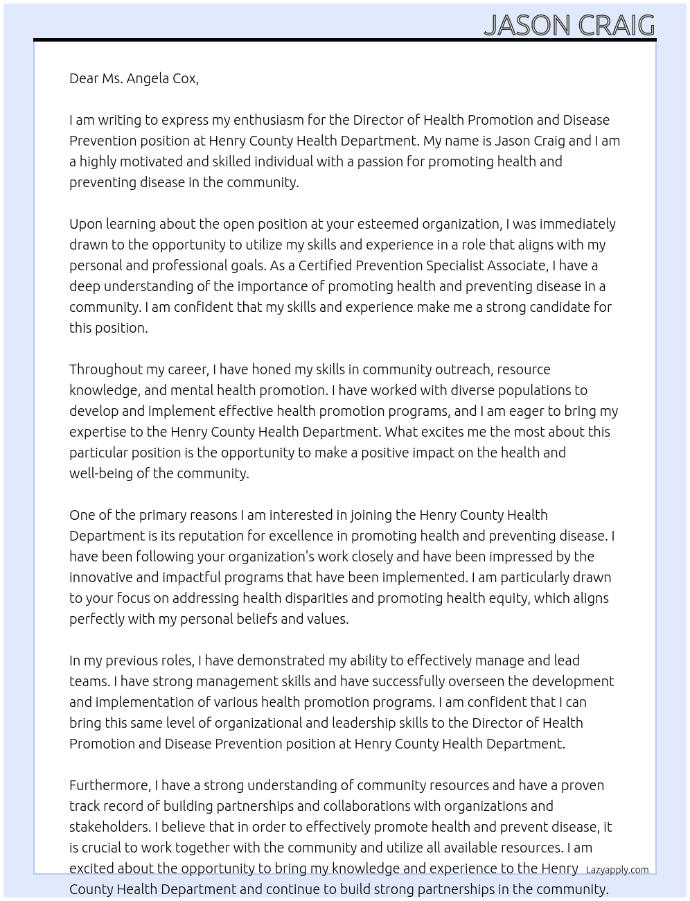 Director of Health Promotion and Disease Prevention At Henry County Health Department Cover Letter
