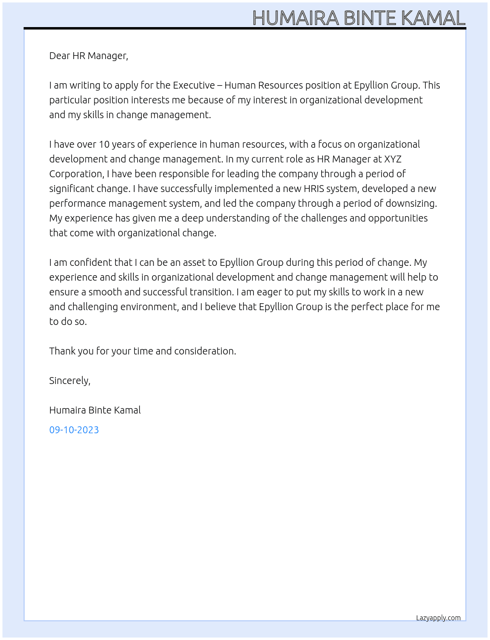 Executive - Human Resources (For Corporate Office) At Epyllion Group Cover Letter