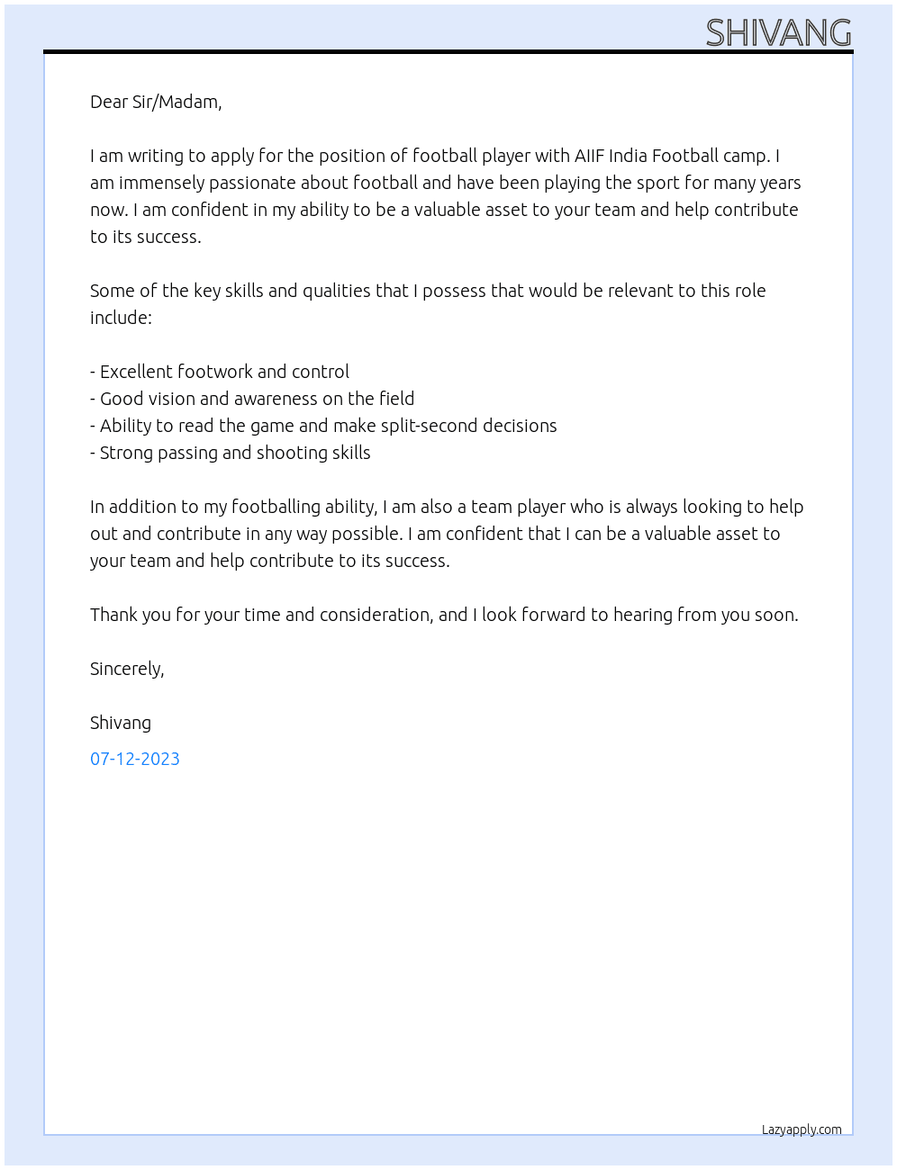 Cover letter for football team - LazyApply