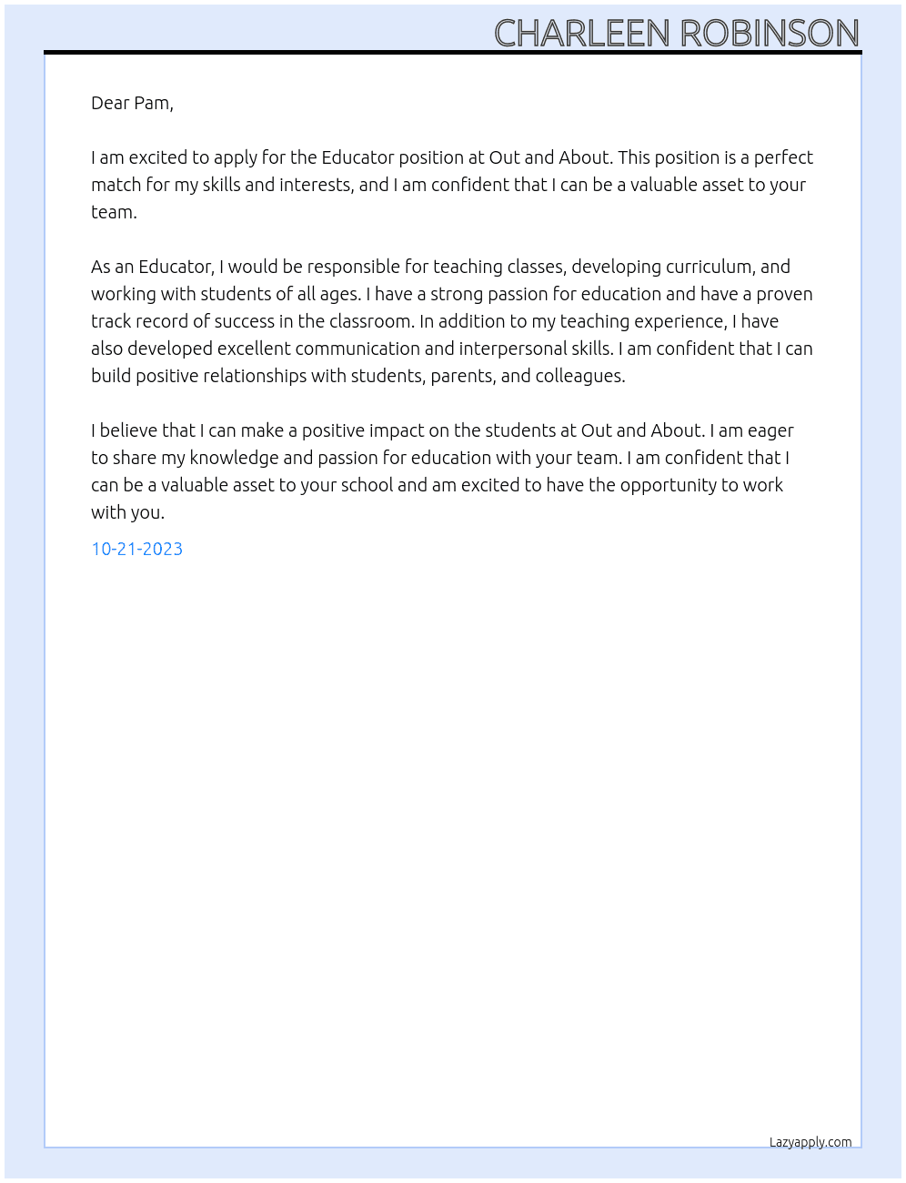 Educator  At Out and About  Cover Letter