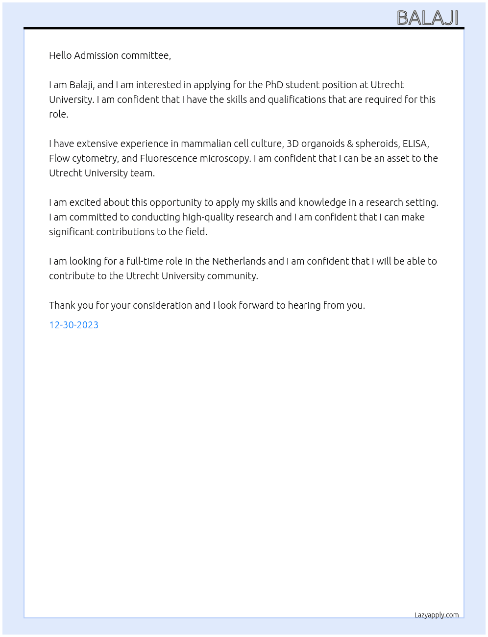 PhD student  At Utrecht University  Cover Letter