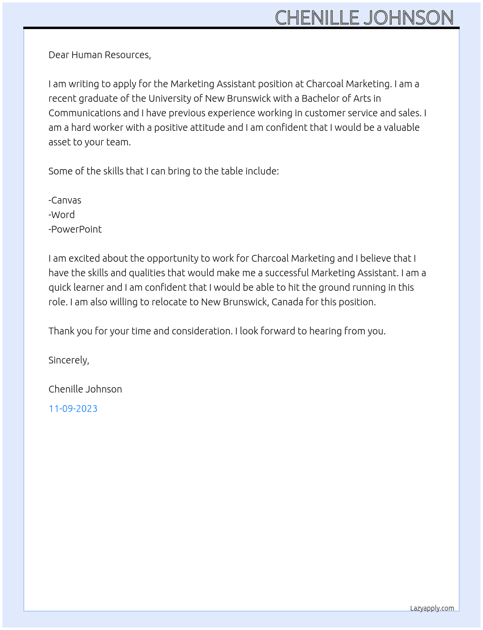 Marketing assistant  At Charcoal Marketing Cover Letter