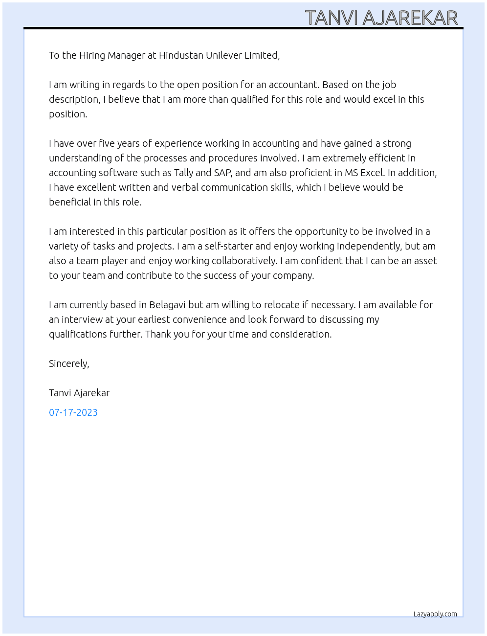 Accountant  At Hindustan uniliver limited  Cover Letter
