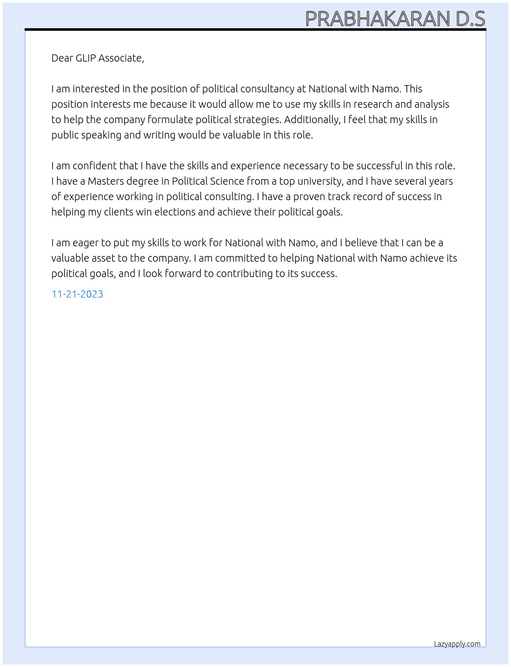 Political Consultancy At National with Namo Cover Letter