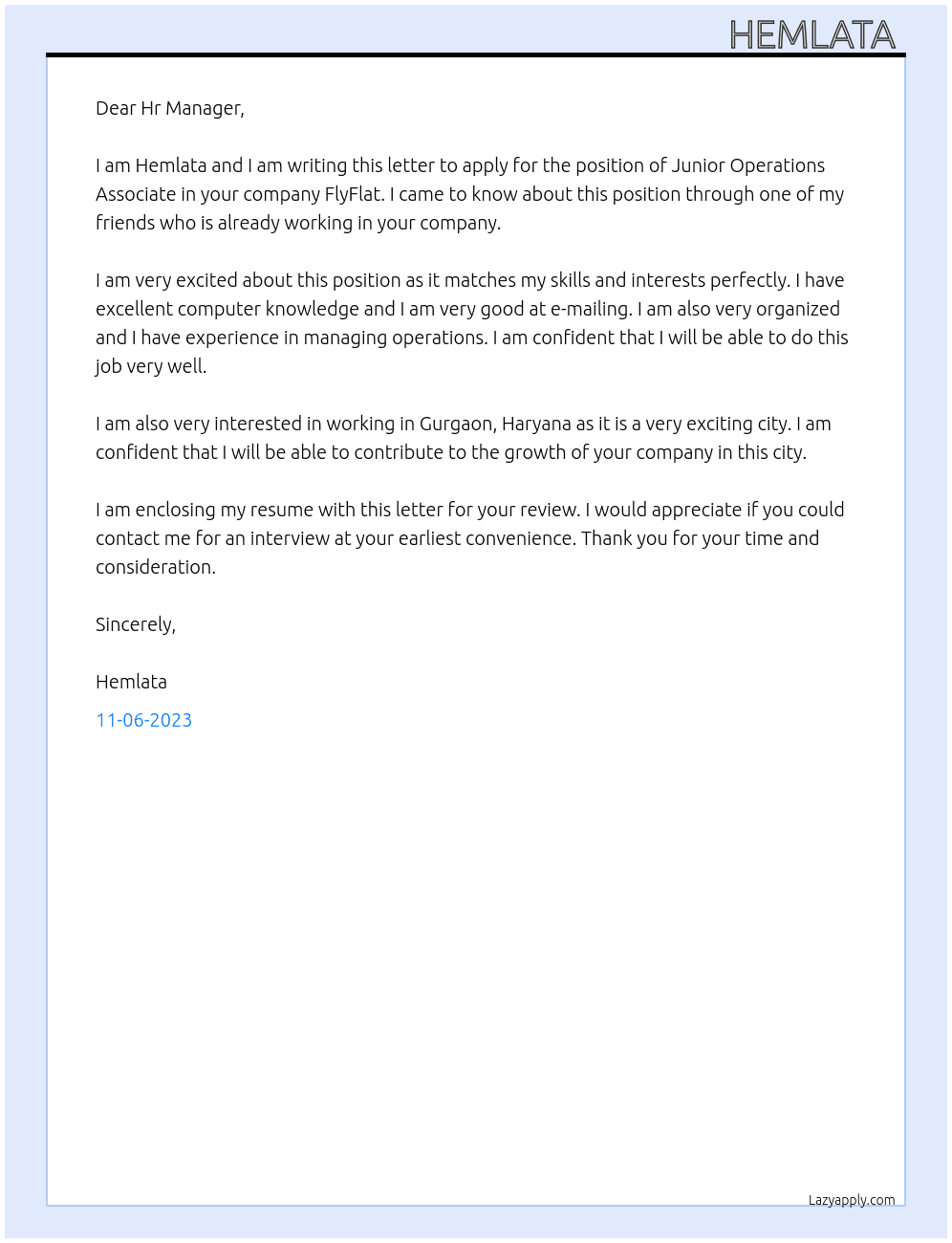 Junior Operations Associate  At FlyFlat Cover Letter