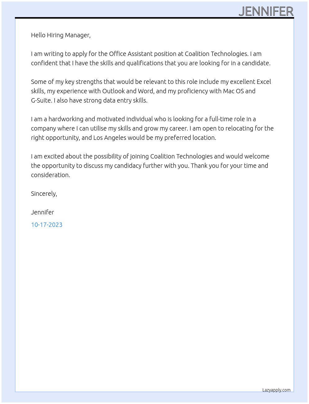 Office Assistant At Coalition Technologies Cover Letter