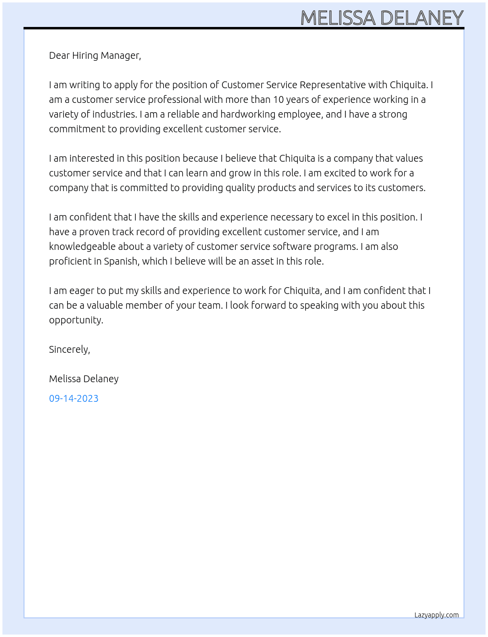 Customer Service Representative At Chiquita Cover Letter