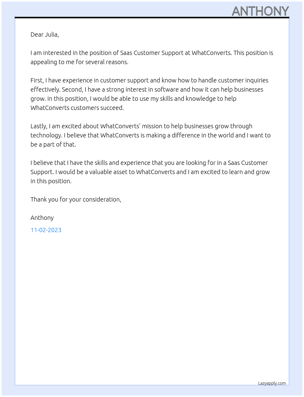 Saas Customer Support At WhatConverts Cover Letter