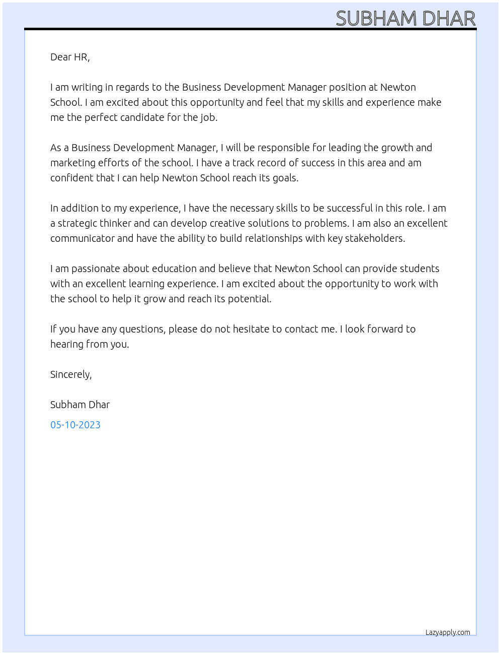 Business Development Manager :GROWTH & MARKETING At NEWTON SCHOOL Cover Letter