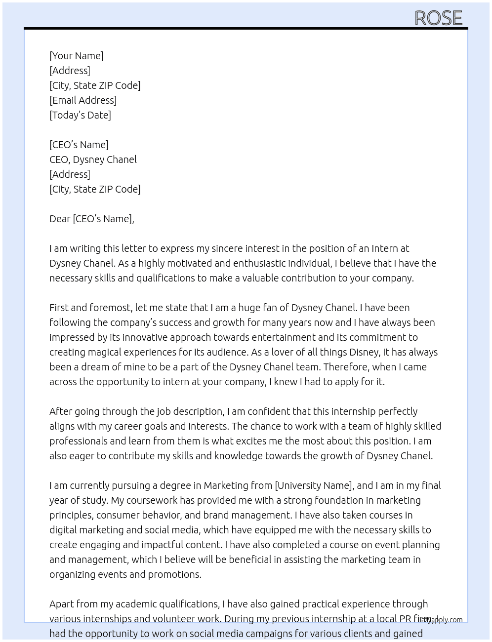 Intern  At Dysney Chanel  Cover Letter