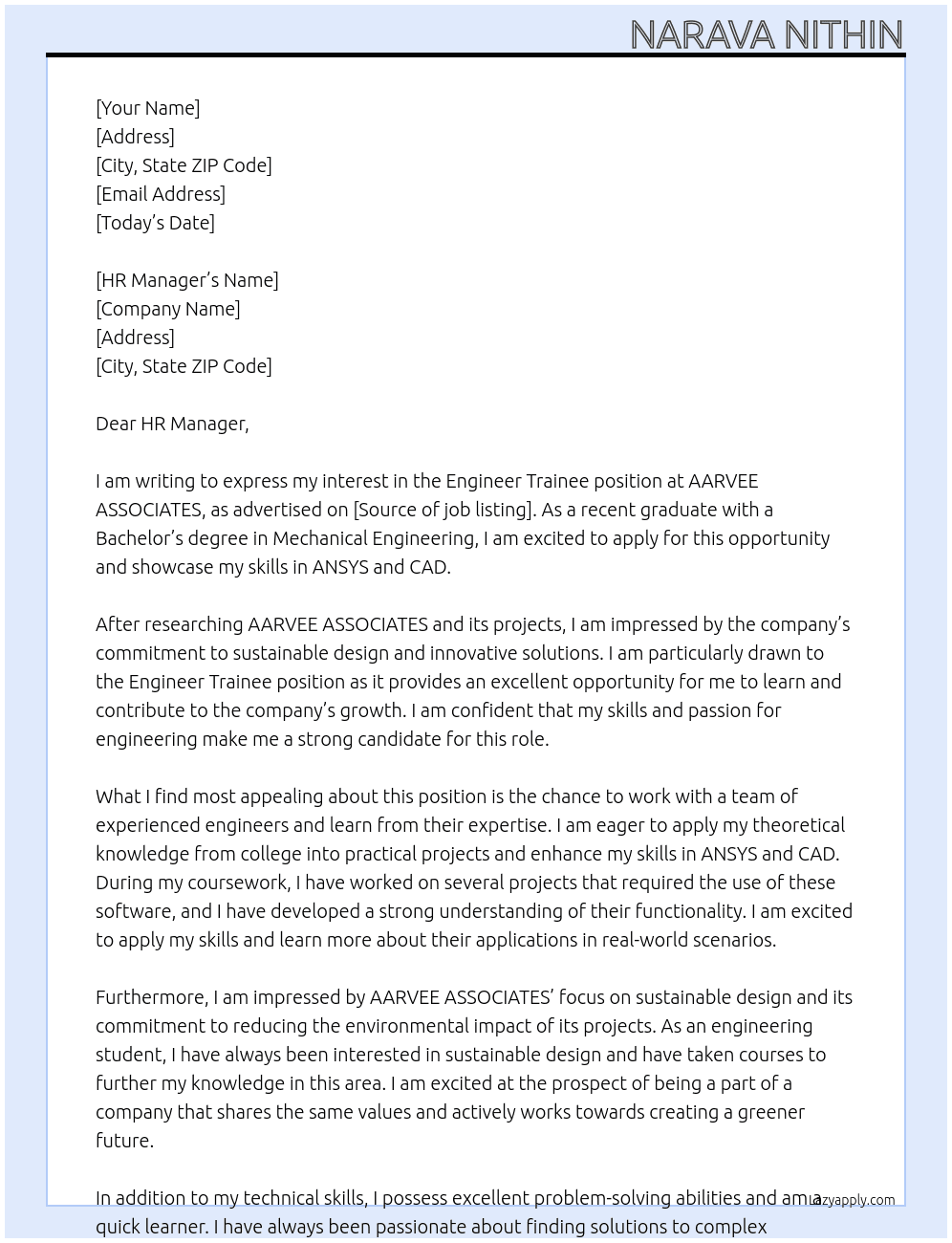 ENGINEER TRAINEE At AARVEE ASSOCIATES Cover Letter