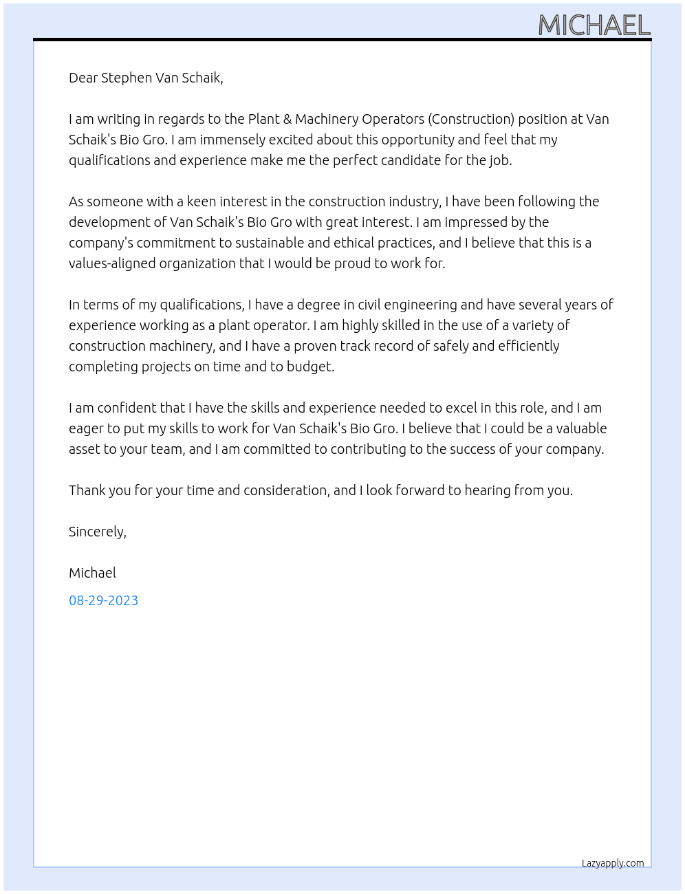 Plant & Machinery Operators (Construction) At Van Schaik's Bio Gro Cover Letter